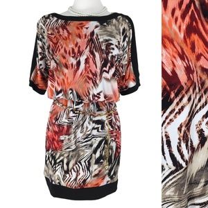 Thalia Sodi Coral Zebra Black Slit Sleeve Cocktail Blouson Midi Dress size Small
